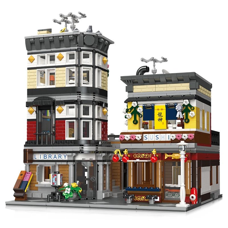 JIE STAR Modular brick-built city scene with multi-story library and sushi restaurant, yellow and red facade, decorative signage