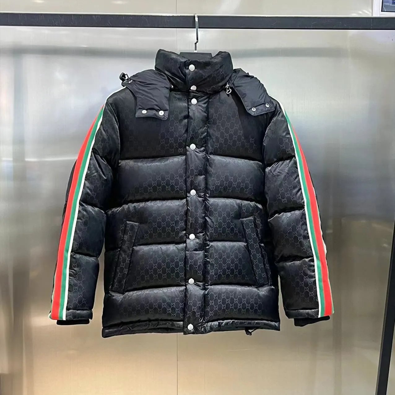 九江羽绒服跨境G家正确版时尚双G撞色拼接织带羽绒满logo夹克外套