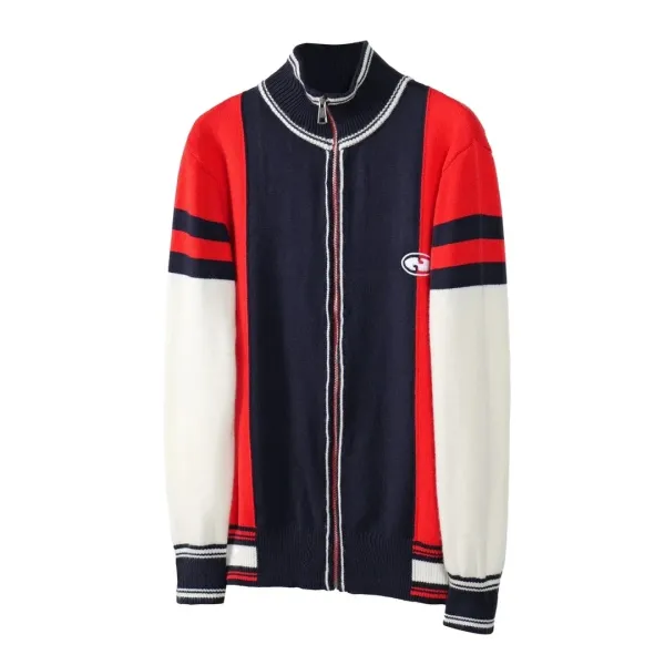 Gucci Color-Block Knit Zip-Up Cardigan Navy Red White - 1