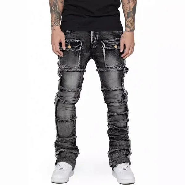 Distressed Ripped Patchwork Denim Jeans Black - 1