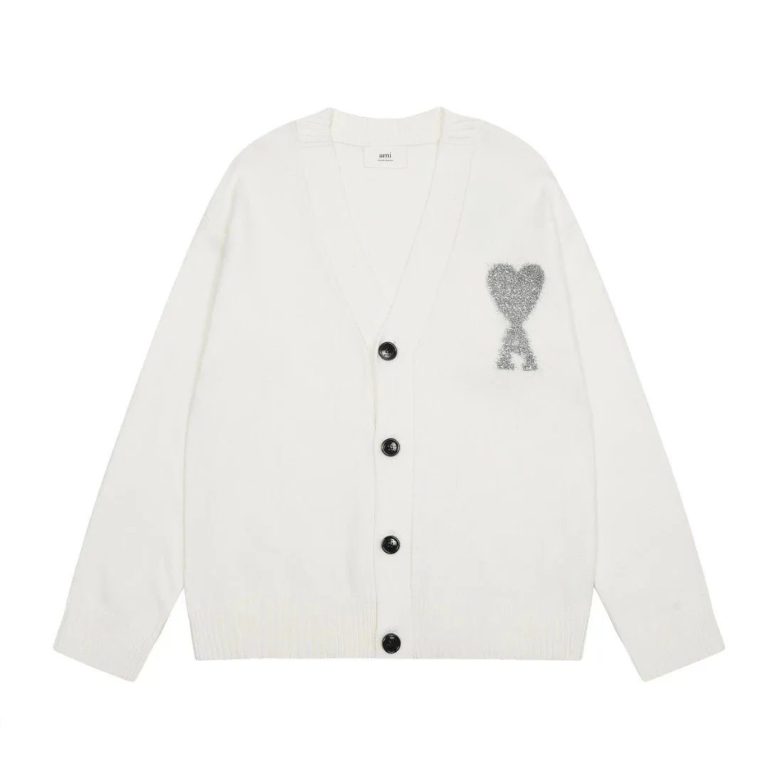 Ami Paris Heart Logo Knit Cardigan White - 1