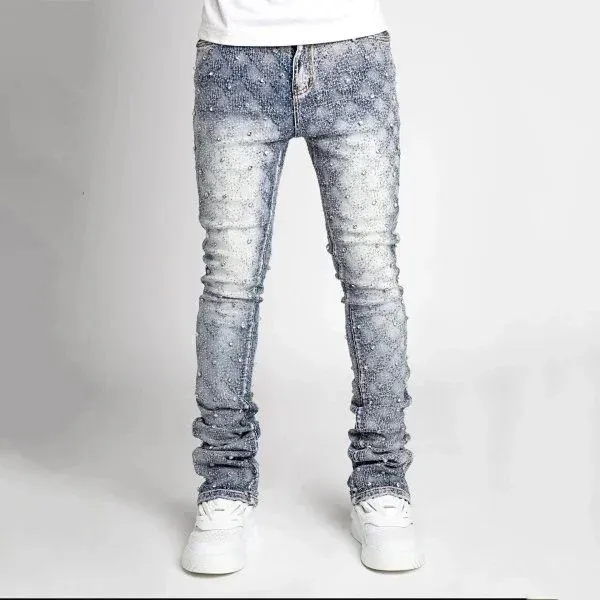Design Acid Wash Distressed Skinny Jeans with Crystal Embellishments - 1