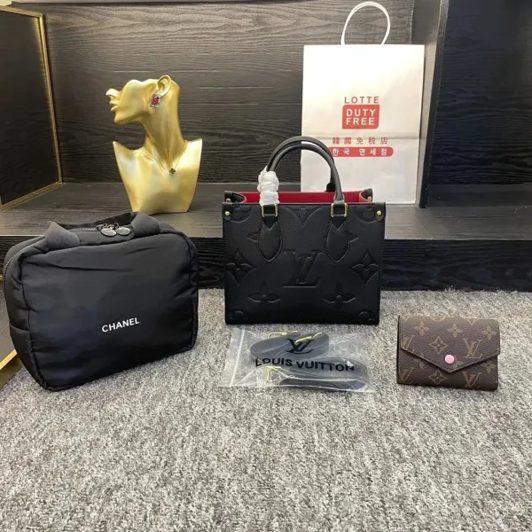 Louis Vuitton Onthego Tote Black Monogram Empreinte with Red Interior Handbag - 1