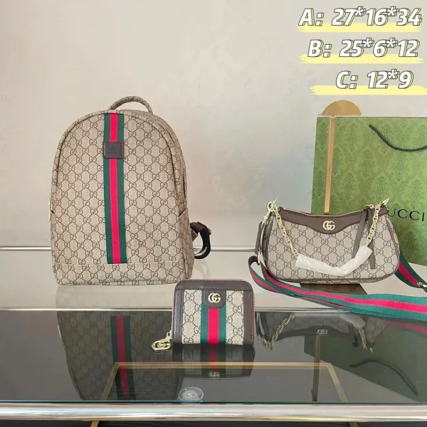 Gucci Ophidia GG Small Backpack, Mini Shoulder Bag, and Card Holder Set in Beige Canvas with Web Stripe - 1