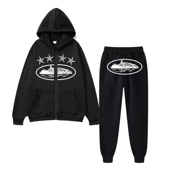 Design Cruise Ship Graphic Hoodie and Sweatpants Set Black Casual-Set - 1