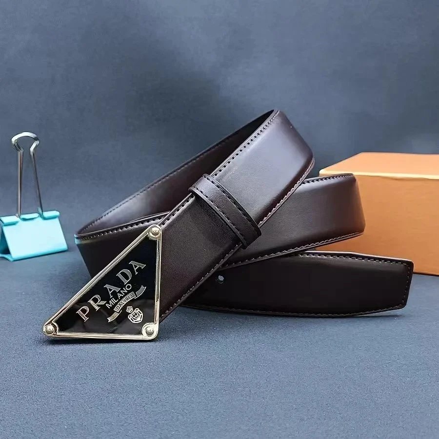 Prada Triangle Logo Black Leather Belt - 6