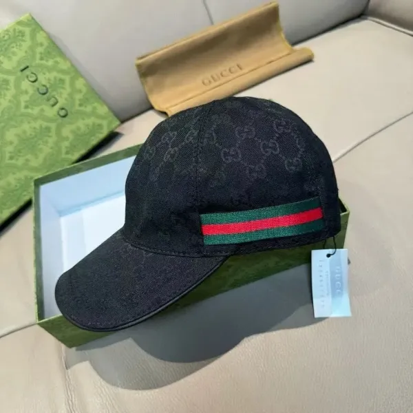 Gucci GG Monogram Black Baseball Cap with Web Stripe - 1