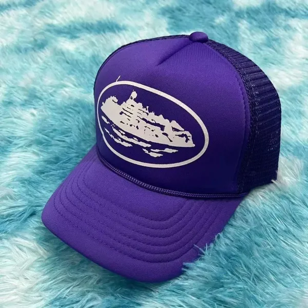 Purple Trucker Hat with White Oval Ship Graphic Baseball Cap - 1