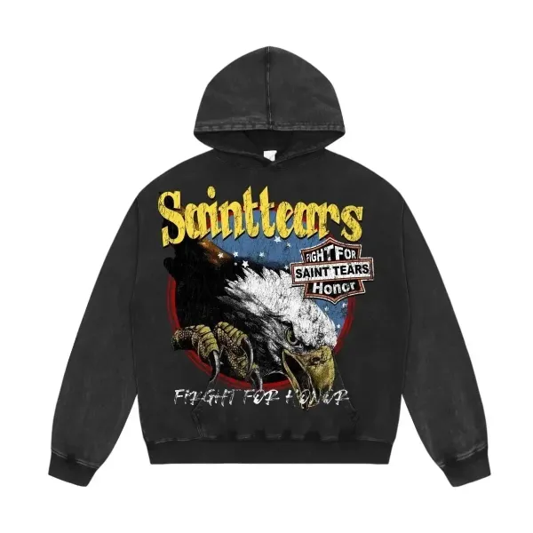 Saint Tears Fight For Honor Eagle Print Distressed Black Hoodie - 1