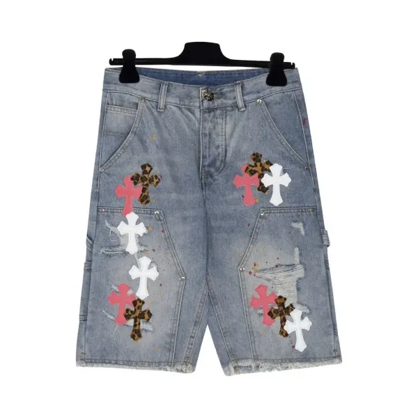 Custom Embroidered Cross Motif Distressed Denim Shorts - 1
