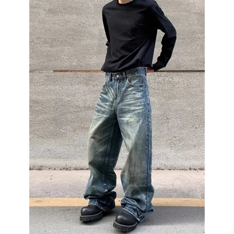 Men's Loose Fit Wide-Leg Washed Denim Jeans, American Retro Street Hip-Hop Style, Draping Effect (neviooo_FANS)