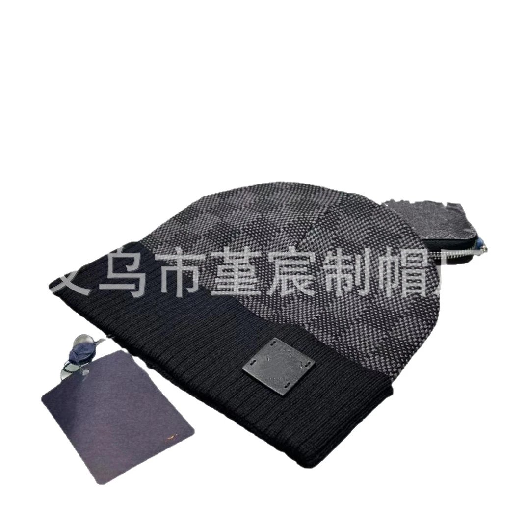 秋冬新款老花格子皮标针织帽男女网红同款时尚保暖加厚洋气包头帽 5