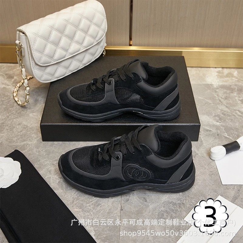 2023新款小香风系带真皮拼色运动鞋帆布跑步鞋情侣增高百搭瑜伽鞋