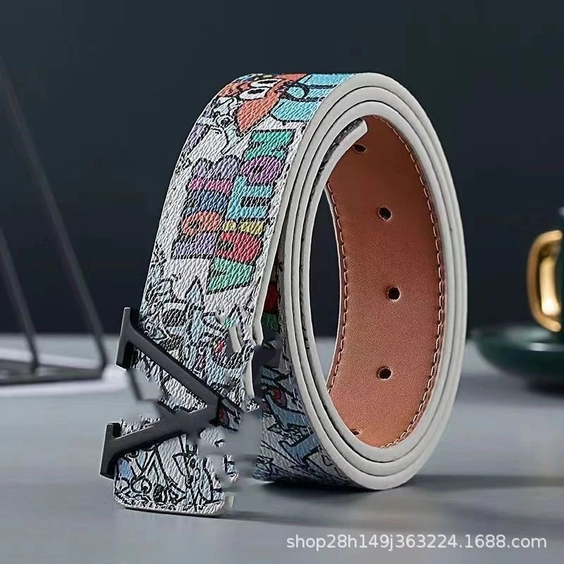 经典款男士老花金扣黑花黑扣牛皮商务腰带高颜值V字母扣皮带 4