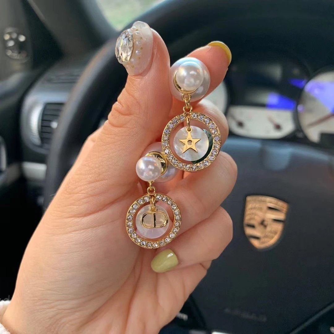 Dior Gold Pearl Crystal Double Hoop Star Earrings