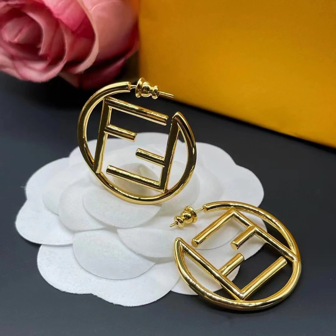 Fendi Gold Logo Round Metal Unisex Hoop Earrings