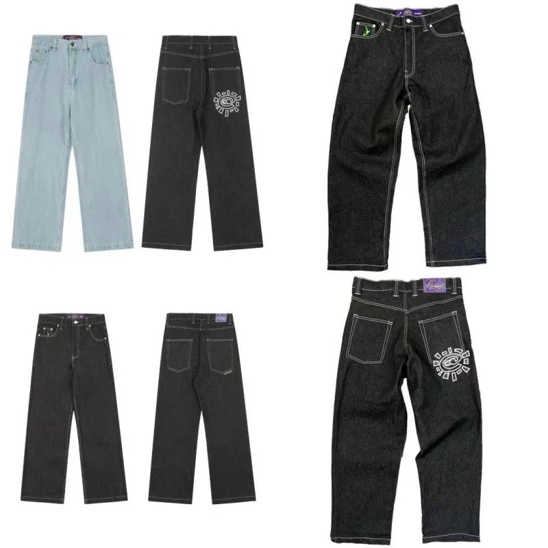 ADWYSD Black Loose Straight Denim Pants with Sun Embroidery