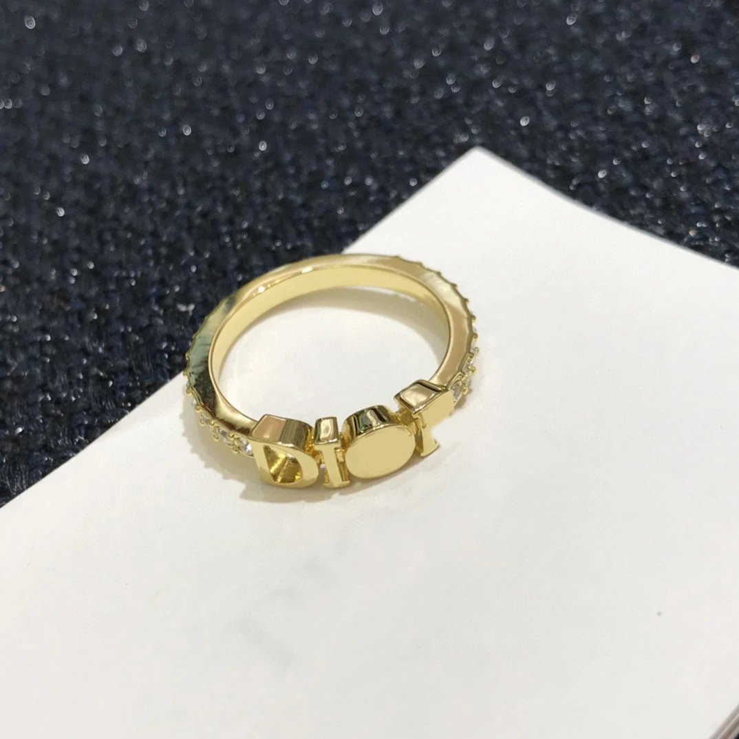 Dior Gold Logo Ring Diamond Trim Unisex Fashion Jewelry