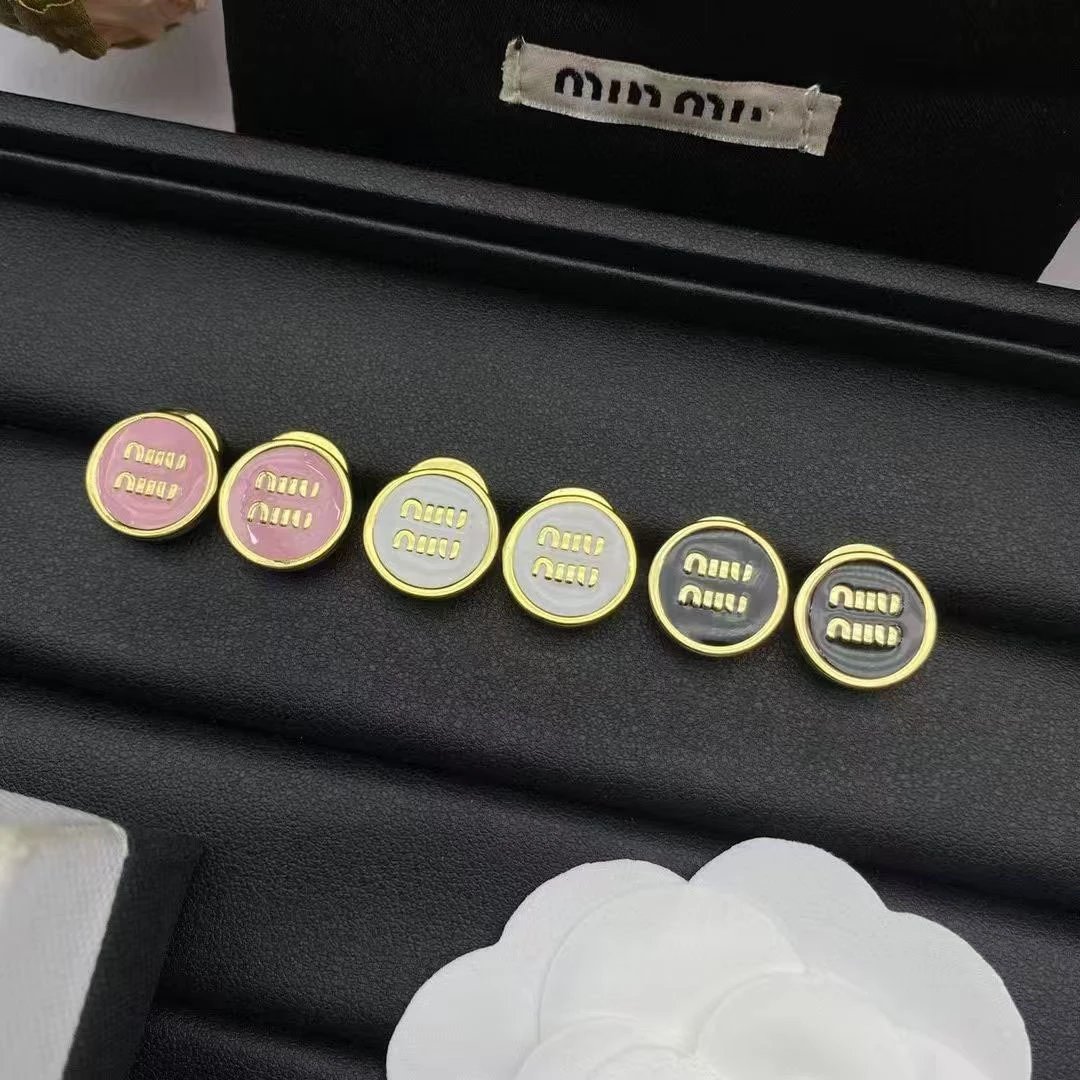 Miu Miu Pink Gold Enamel Round Logo Stud Earrings