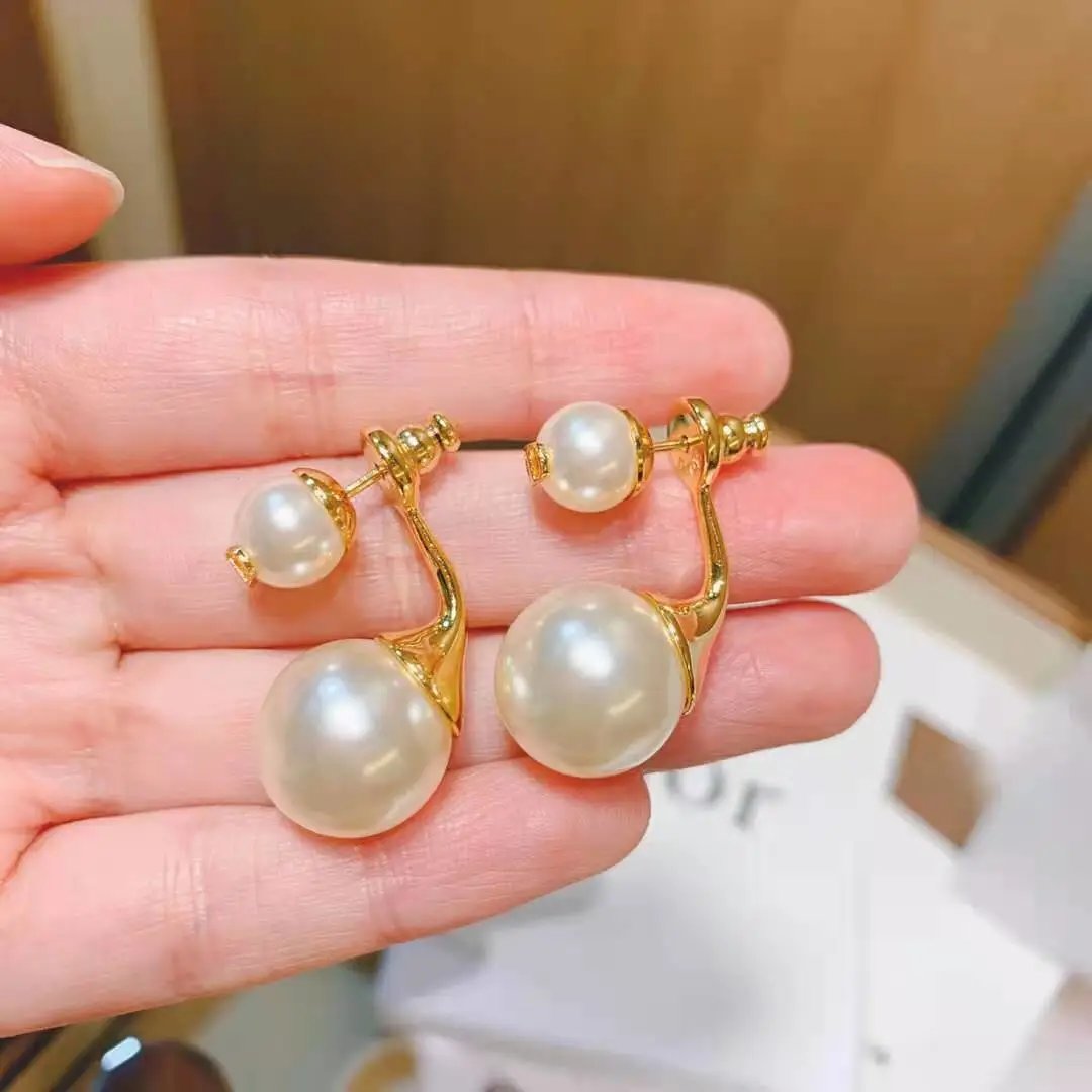 Dior Gold Double Pearl Earrings Elegant Jewelry