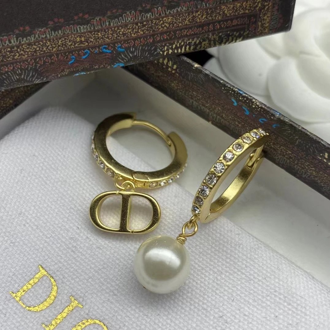 Dior Gold Pearl Crystal Logo Asymmetrical Vintage Earrings