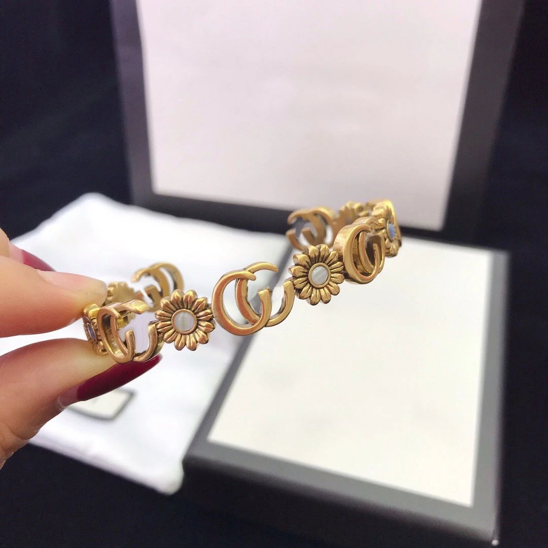 Gucci Vintage Gold GG Floral Brass Bracelet