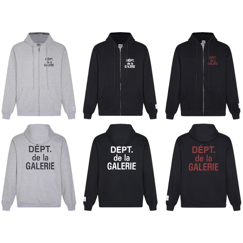 Gallery Dept Gray Zip-Up Hoodie DEPT Letter Unisex Jacket
