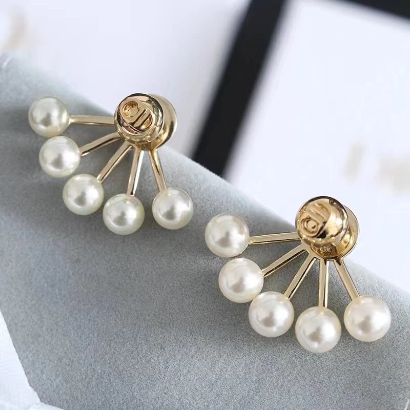 Dior Gold Pearl Fan Design Elegant Luxury Earrings