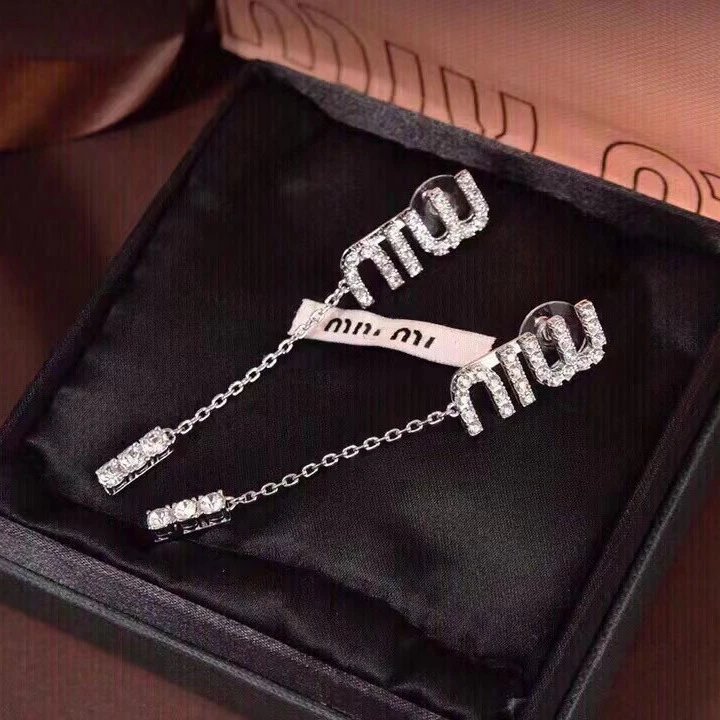Miu Miu Silver Crystal Chain Logo Drop Earrings