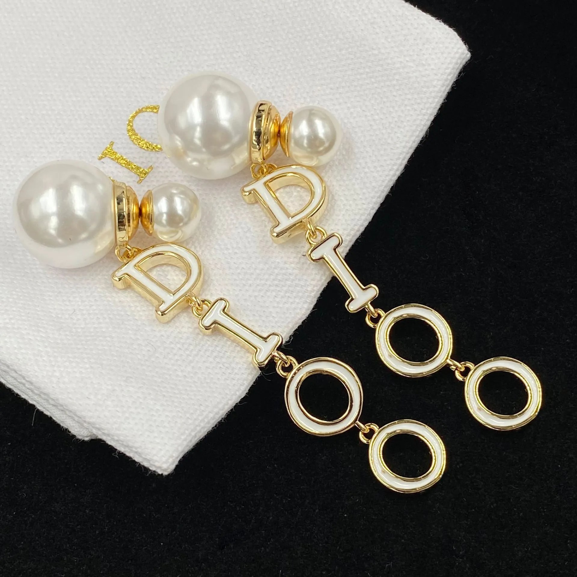 Dior Gold Double Pearl Logo Drop Earrings