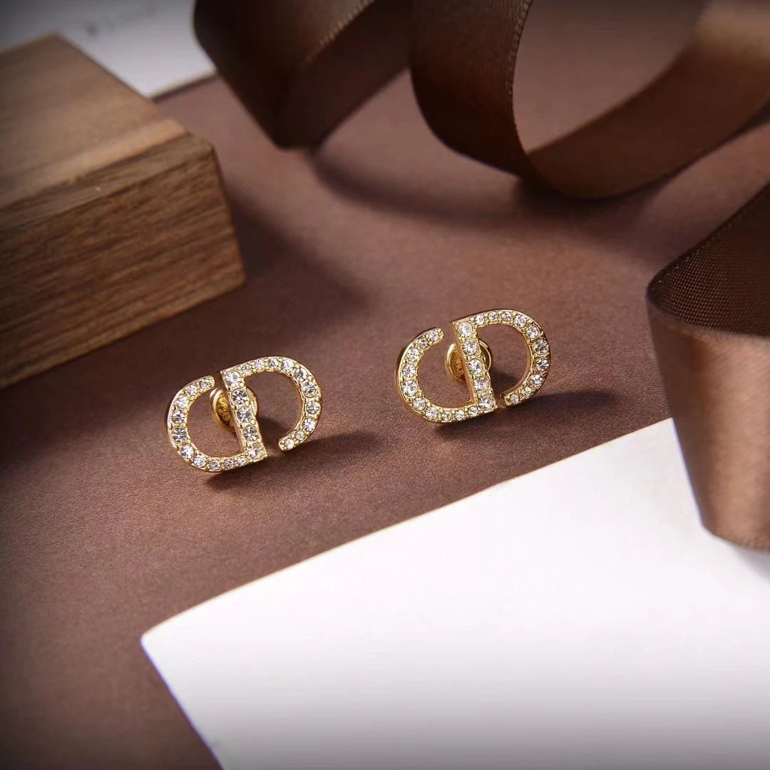 Dior Gold CD Crystal Rhinestone Letter Earrings