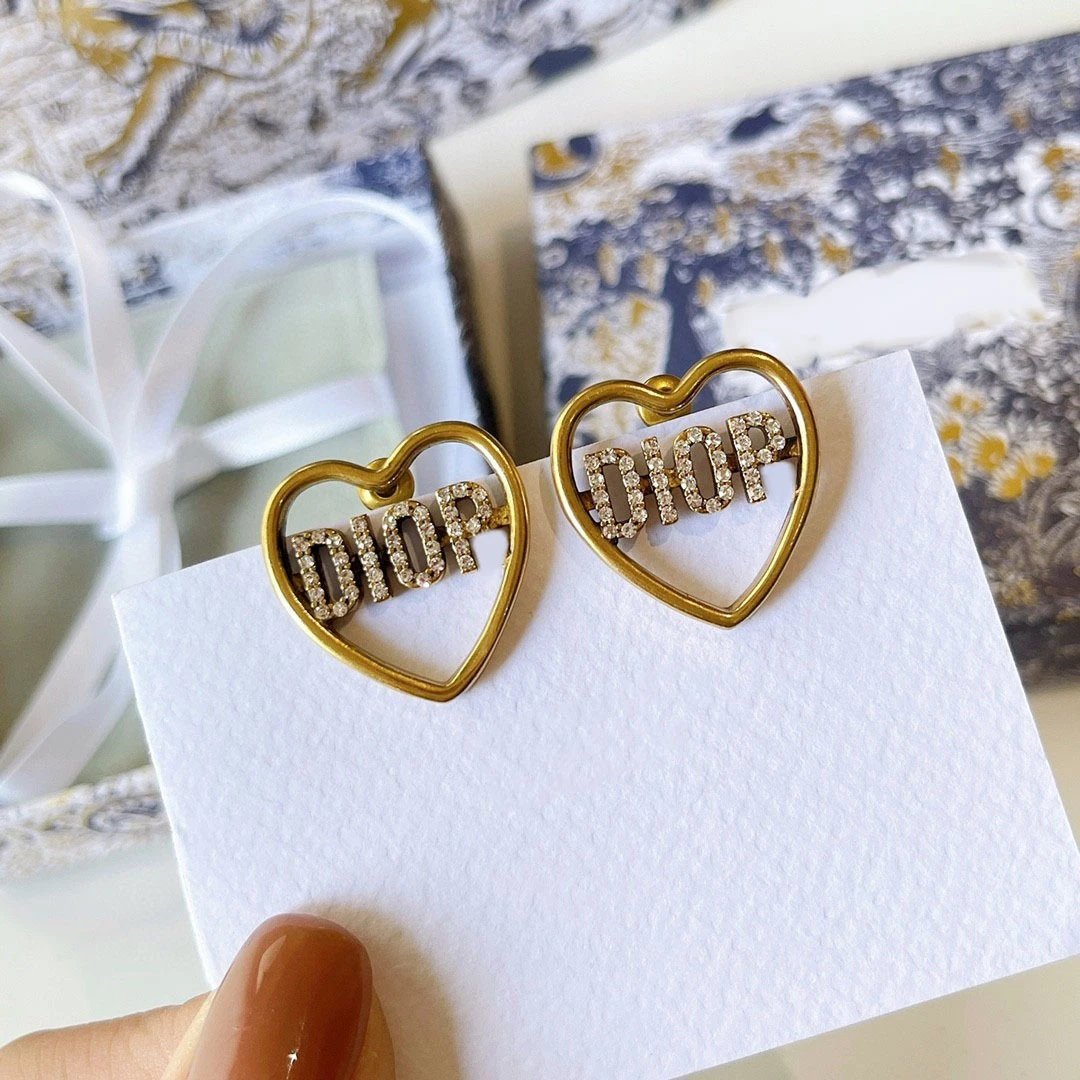 Dior Gold Heart Crystal Logo Earrings Women Jewelry