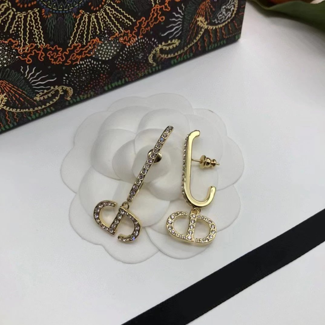 Dior Gold Crystal CD Letter Asymmetric Earrings