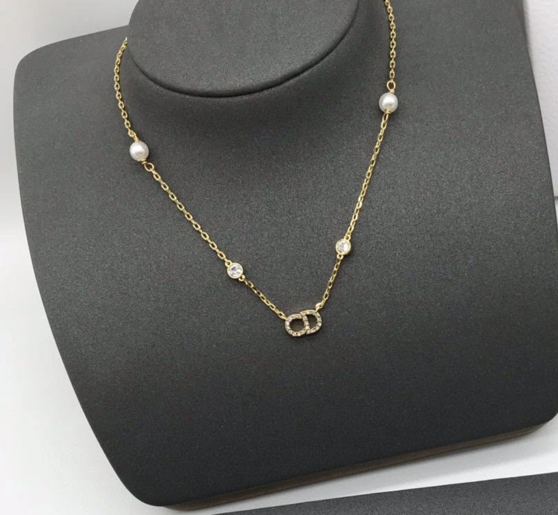 Dior Gold Pearl Crystal CD Logo Necklace Women Jewelry