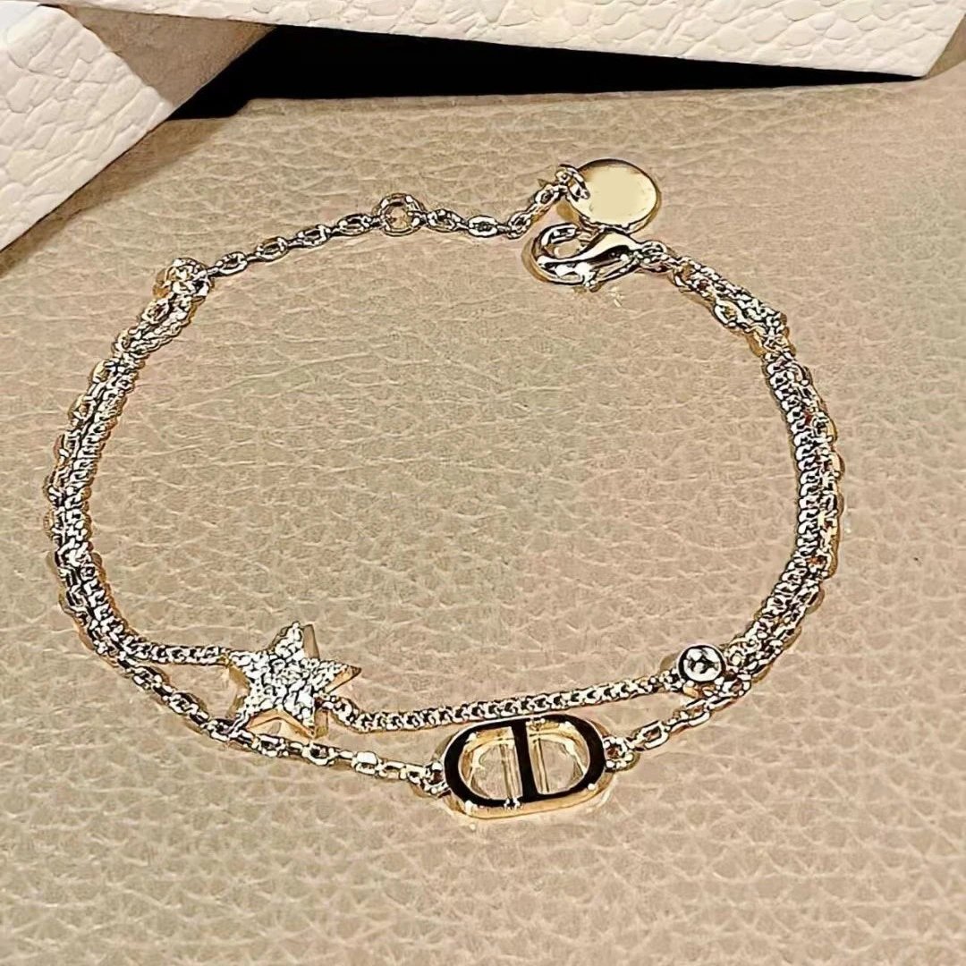 Dior Gold Double Chain Star Crystal Bracelet Women Jewelry