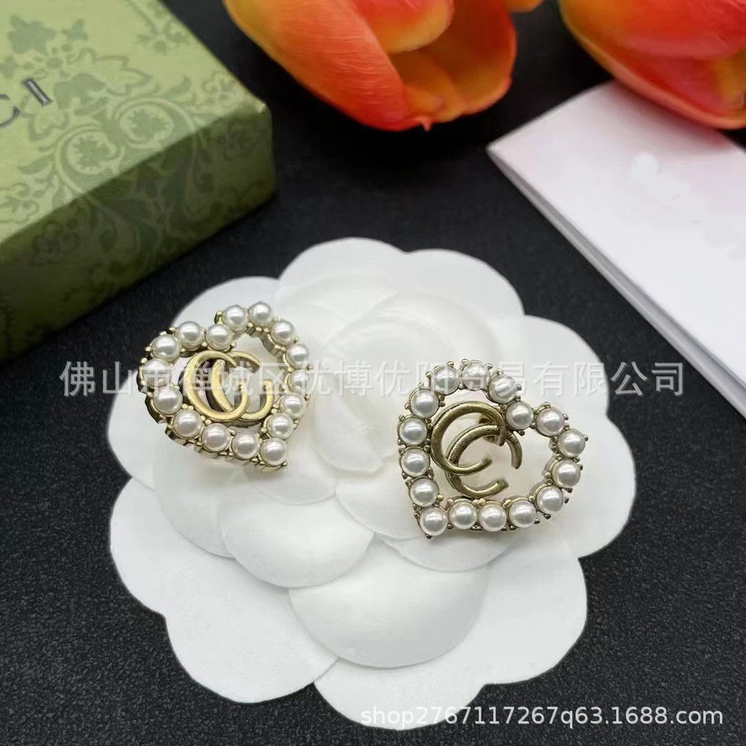 Gucci Vintage Gold Heart Pearl Double G Earrings