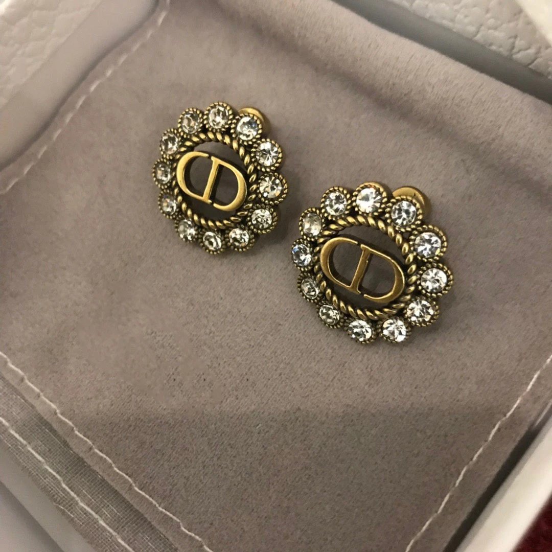 Dior Vintage Gold Crystal Round Stud Earrings Jewelry
