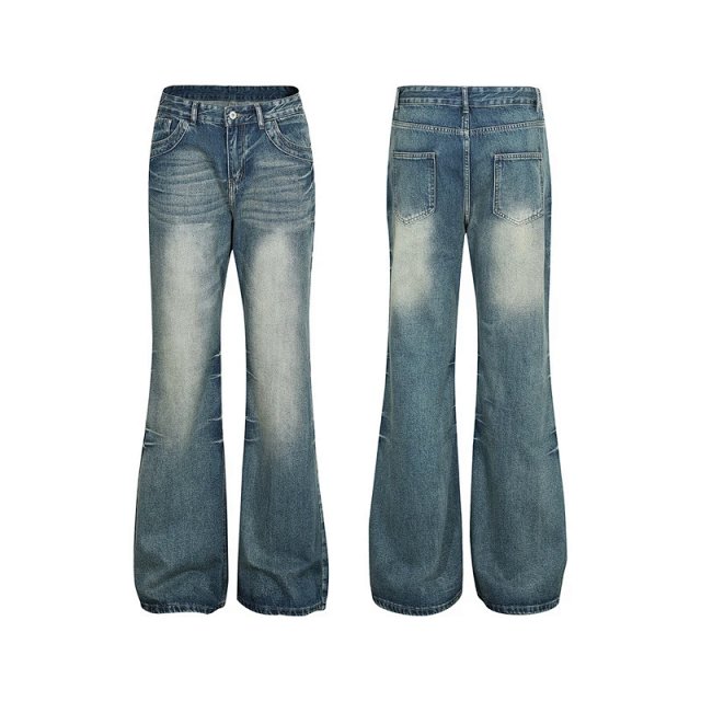 Unisex Vintage Washed Flare Jeans - High Waist Denim Pants