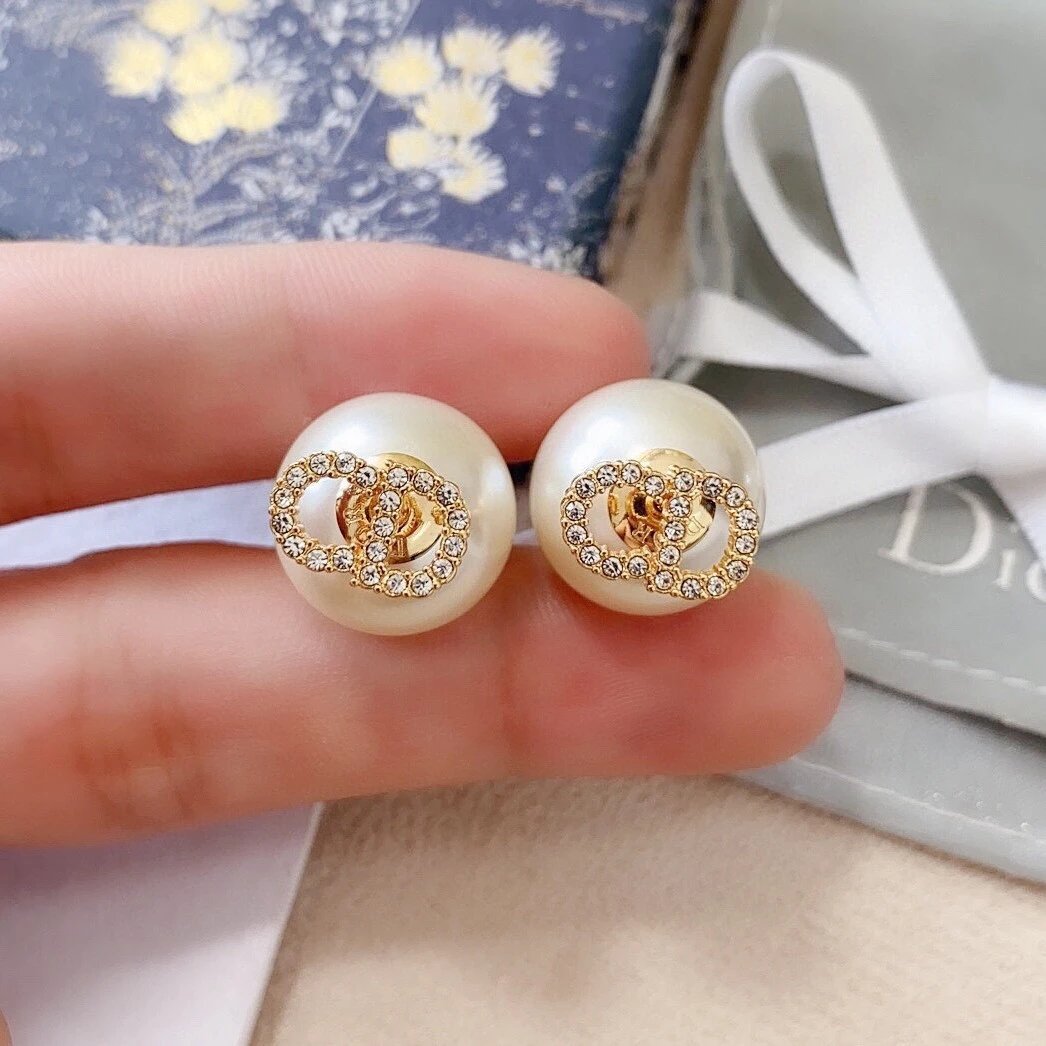 Dior Gold Pearl Double Ring Rhinestone Earrings