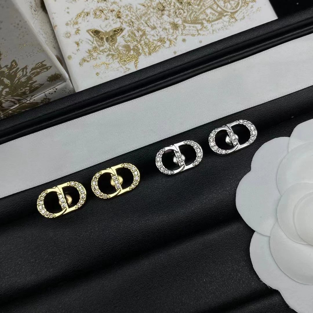 Dior Classic CD Logo Gold Crystal Stud Earrings