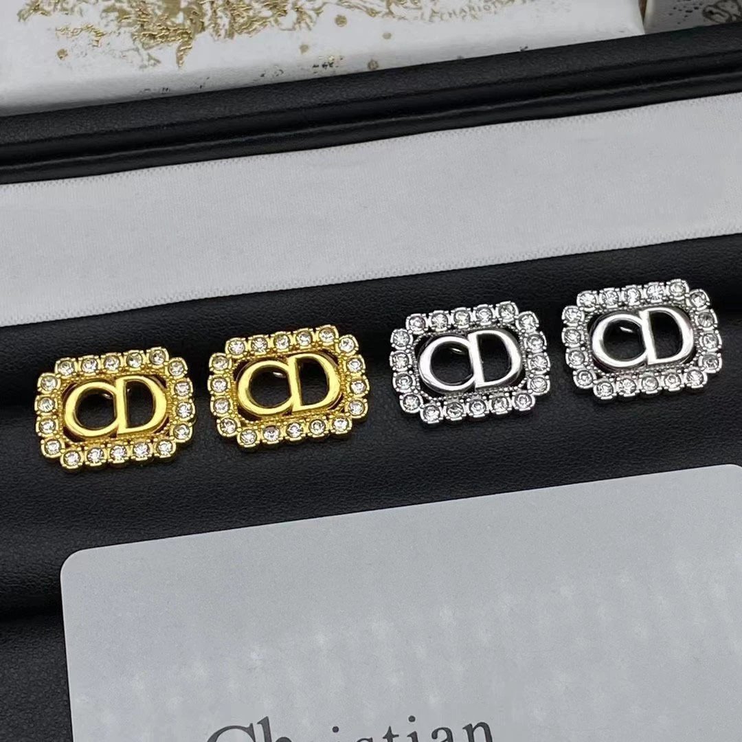 Dior Gold Crystal CD Logo Unisex Rhinestone Earrings