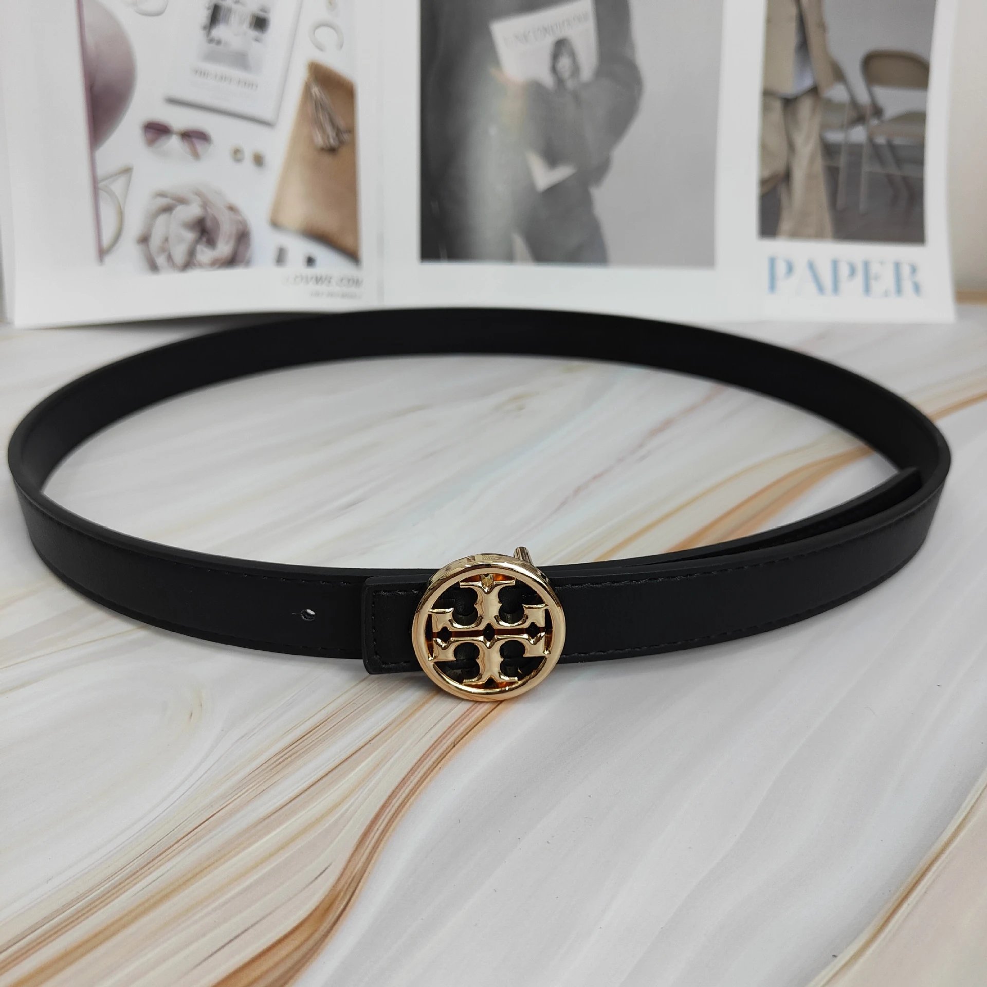 Tory Burch Black Leather Belt Gold Logo Buckle