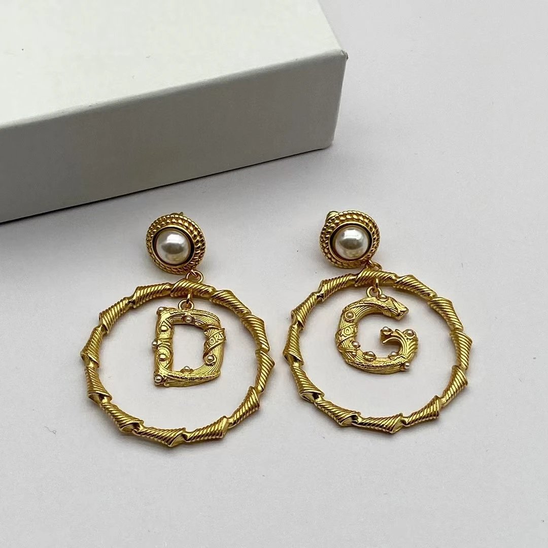 D&G Gold Vintage Pearl Bamboo Hoop Earrings