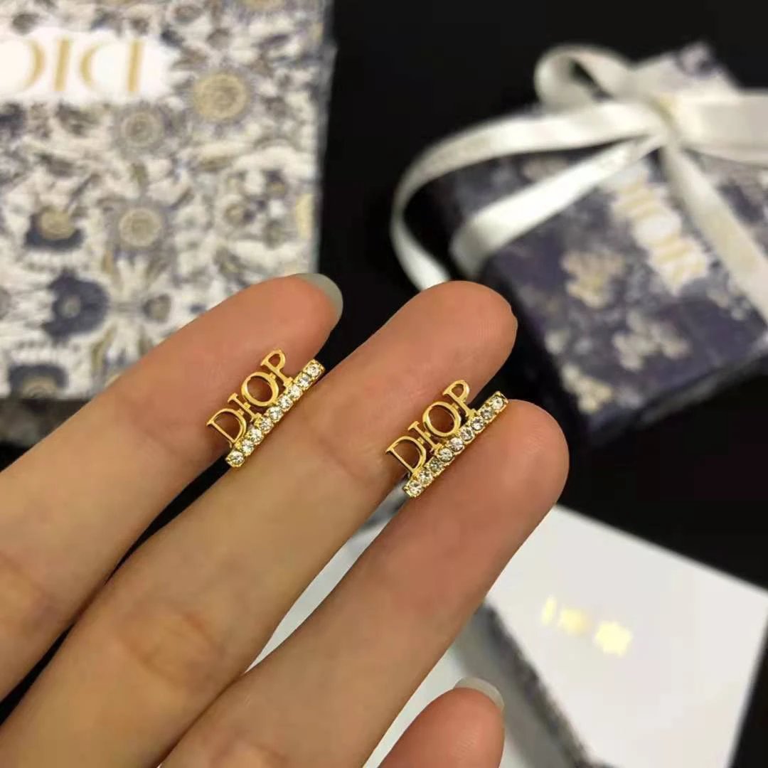 Dior Gold Crystal Logo Brass Earrings