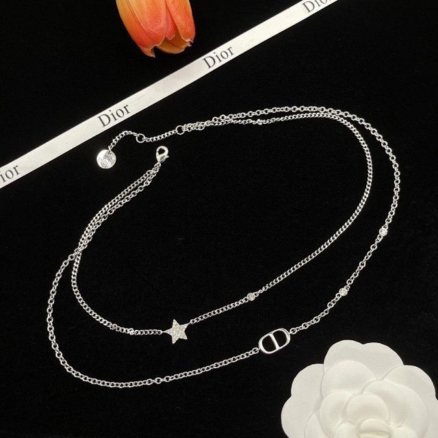 Dior Silver Double Layer Star Logo Chain Necklace