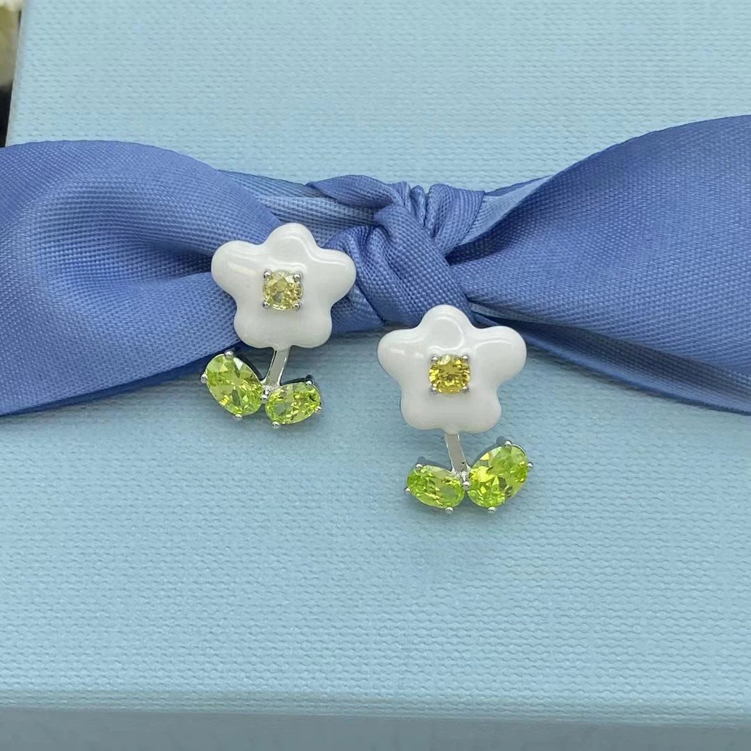 Hefang White Flower Earrings Yellow Green Gem Jewelry