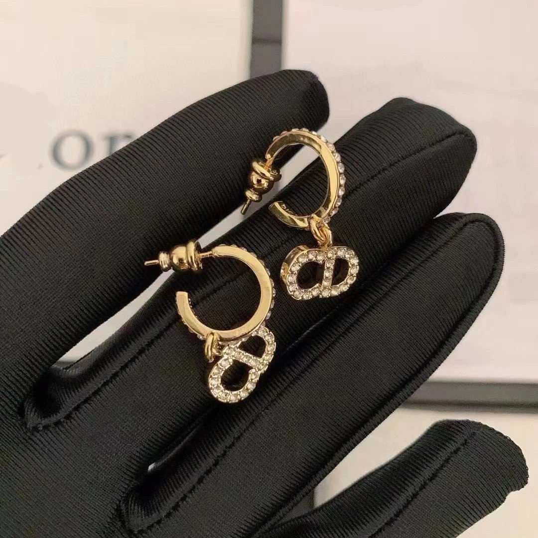 Dior Gold Crystal CD Logo Hoop Earrings