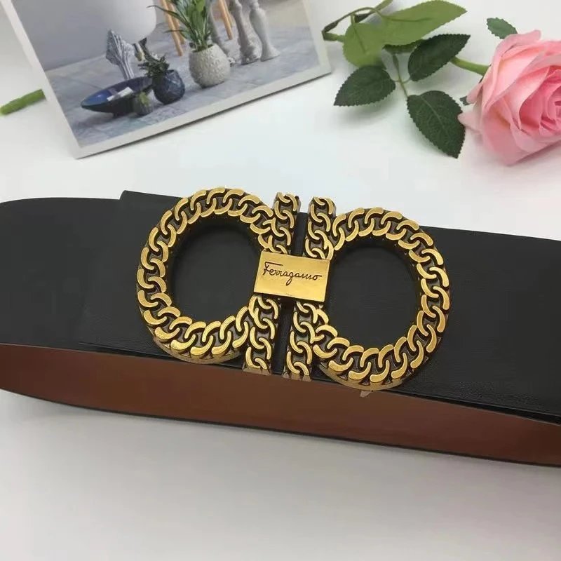 Luxury Black Leather Belt Gold Chain Buckle Unisex Fashion