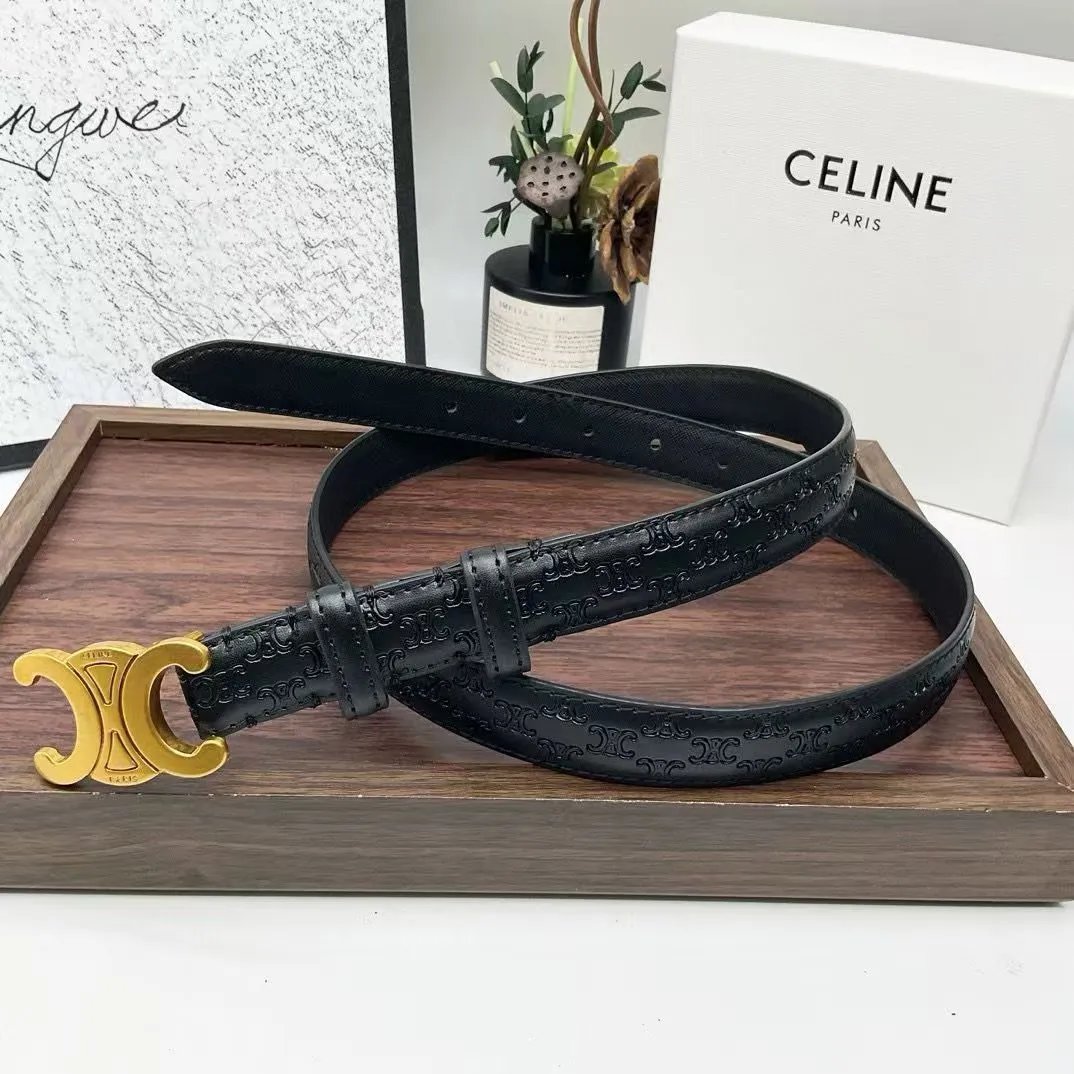 Celine Triomphe Black Calfskin Belt Gold Buckle Unisex