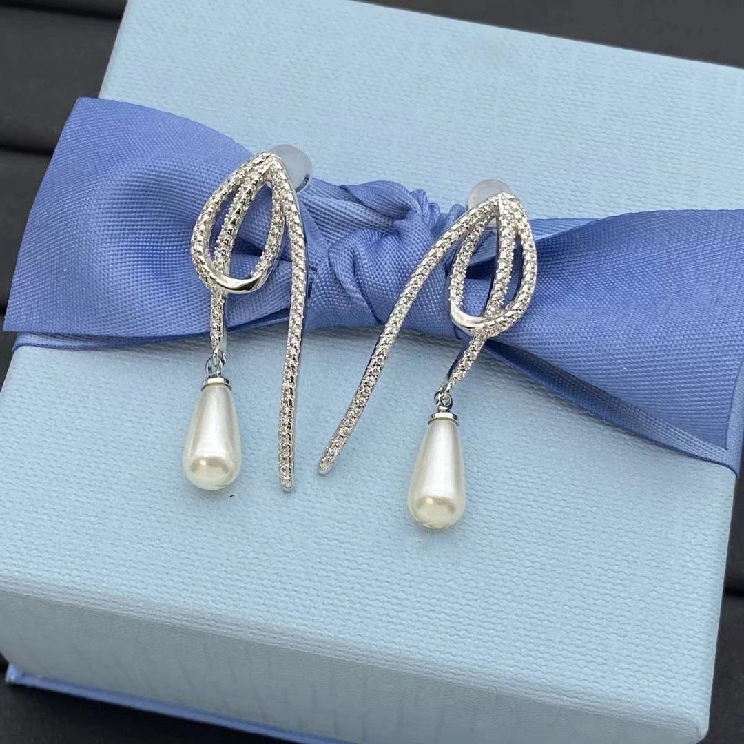 Hefang Silver Crystal Pearl Drop Earrings for Women